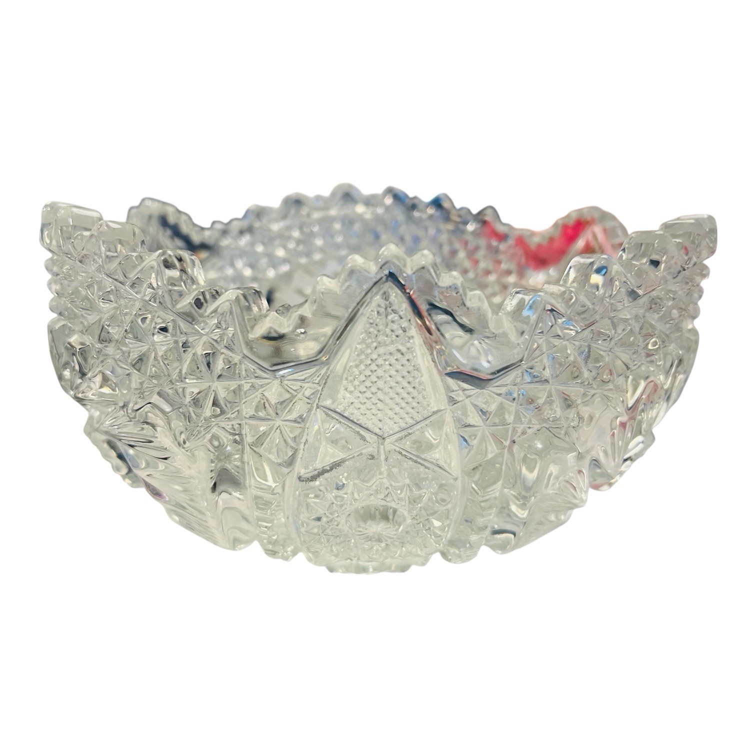 Vintage Cut Crystal Bowl Large Scalloped Rim Starburst Sawtooth Pattern 7 1/2”