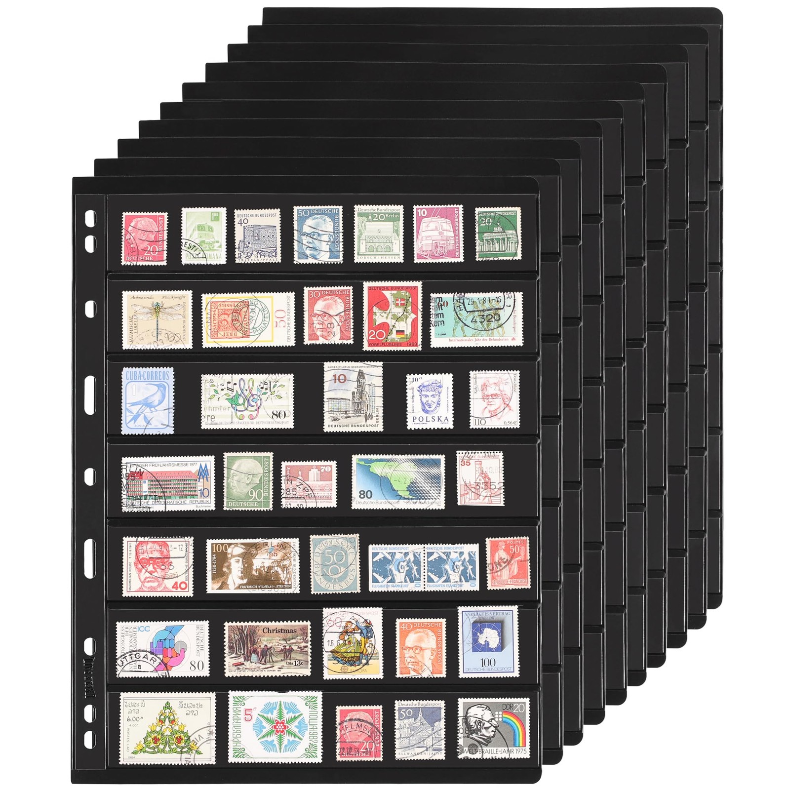 10 Sheets 20 Pages Postage Stamp Album Pages, 7 Pockets 7.7X 1.35in Stamp Col...
