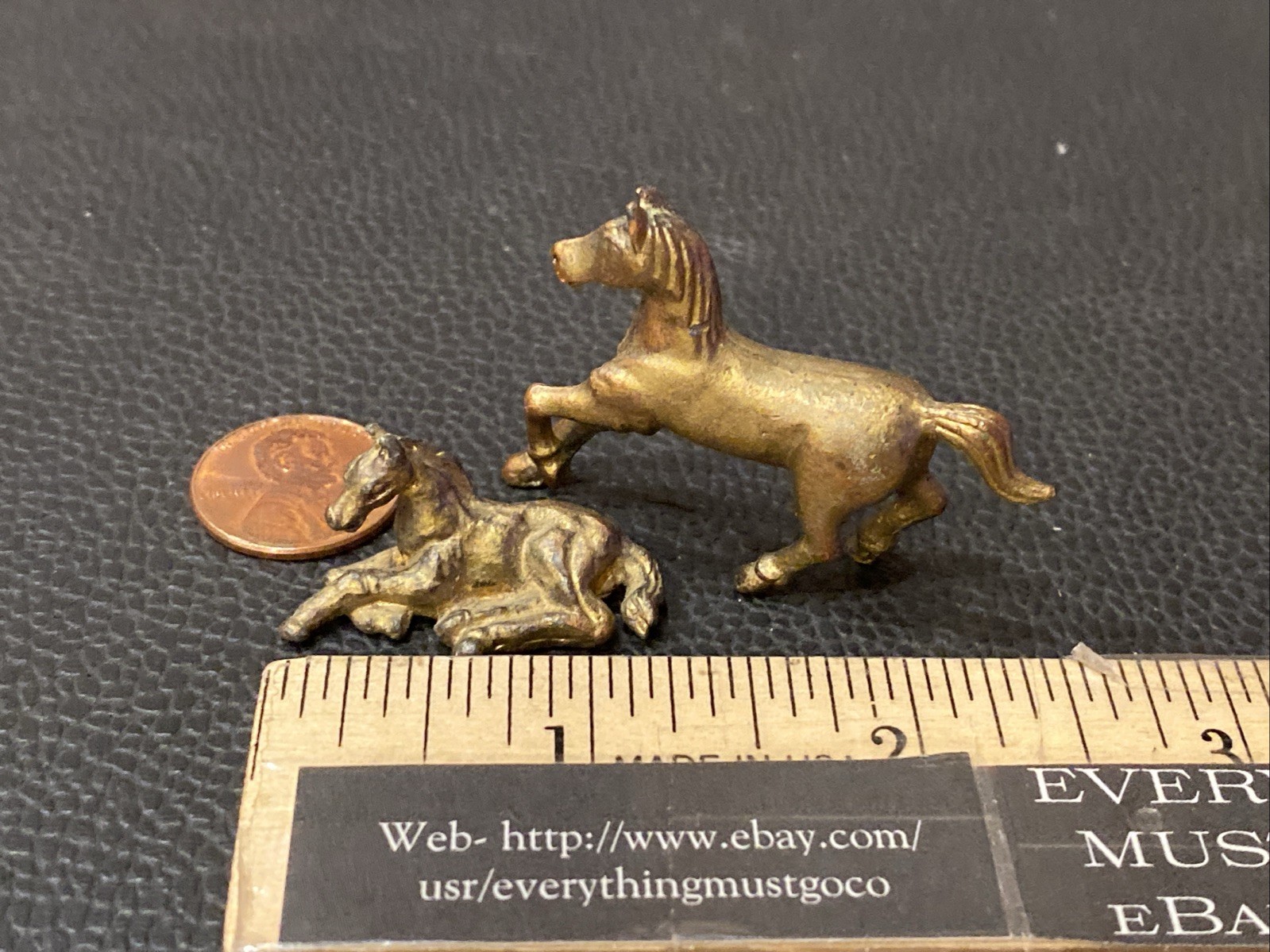 2 Vtg Mini BRASS & PEWTER HORSE FIGURINES Stallion Standing Laying Doll House