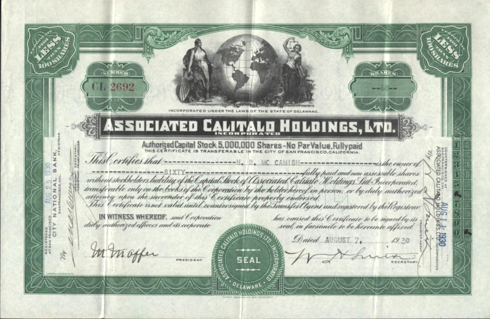 1930 ASSOCIATED CALITALO HOLDINGS, LTD. scarce vintage stock certificate CL-2692
