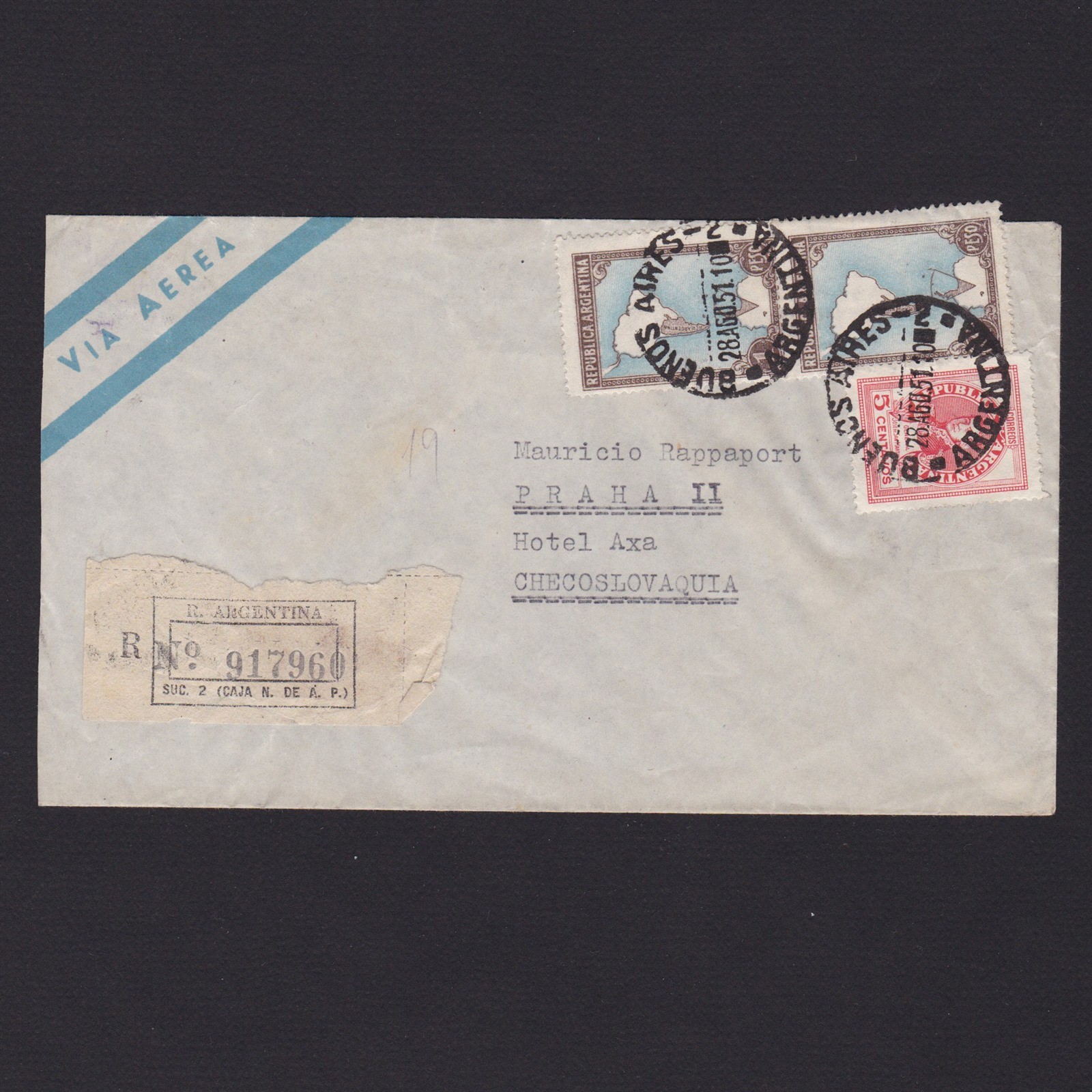 ARGENTINA 1951, Registered air mail from Buenos Aires to Prague Czechoslovakia