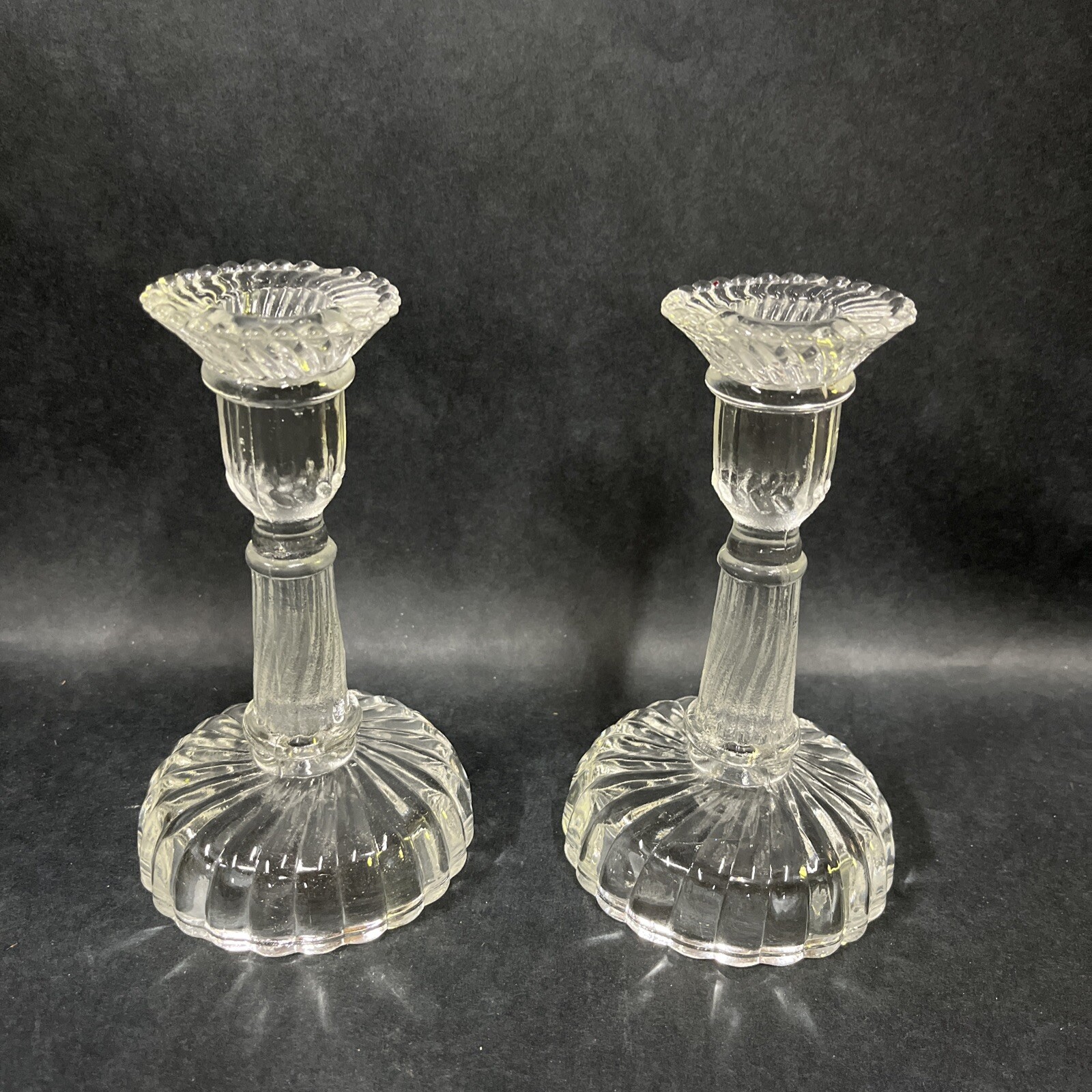 Pair VTG Elegant Pressed Glass Candlestick Holders Wedding Cottage Decor 6" Tall