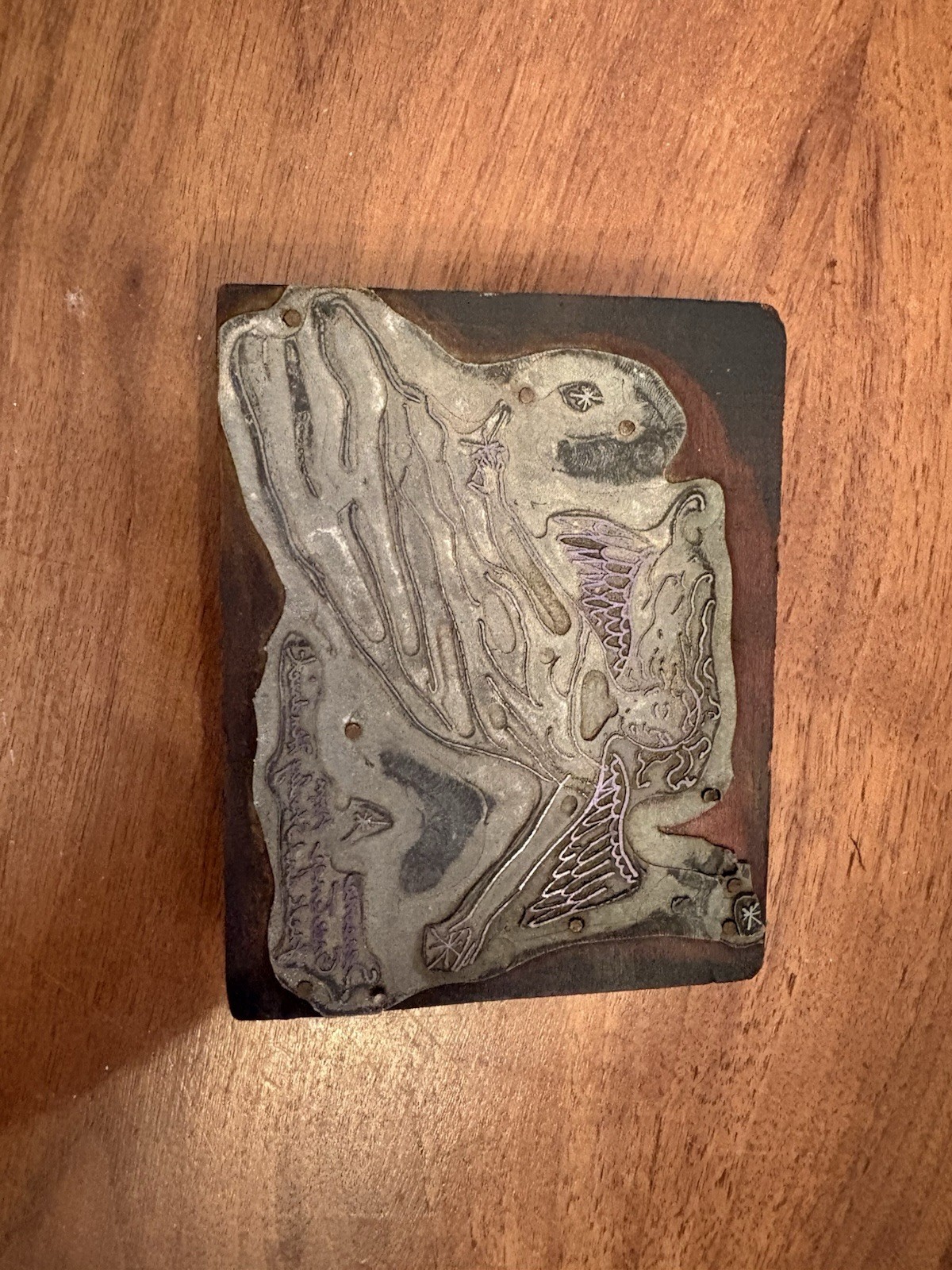 Vintage Christmas Printing Block Wood & Metal Angel Seasons Greetings 3”x4”