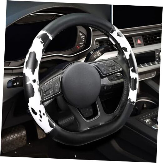  Cow Print Steering Wheel Cover, D Shaped Car Wheel Cover Microfiber Leather 