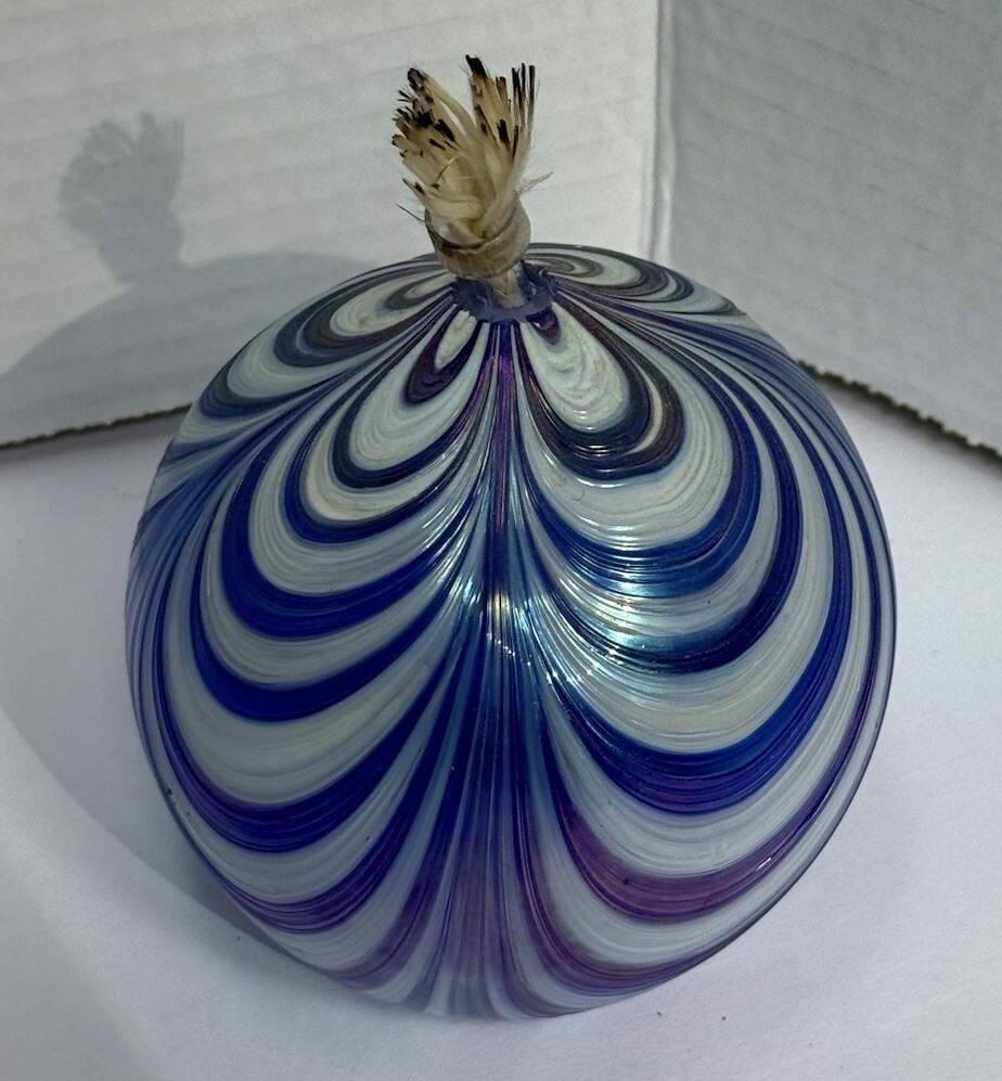 Hand Blown Art Glass Oil Lamp Blue & White Iridescent With Wick Sphere Globe