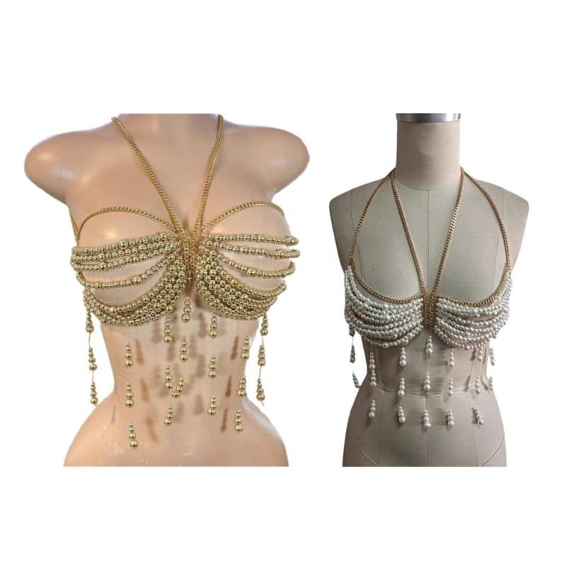 Sophisticated Pearls Tassels Body Jewelry Bra for Women’s Beach and Event Style