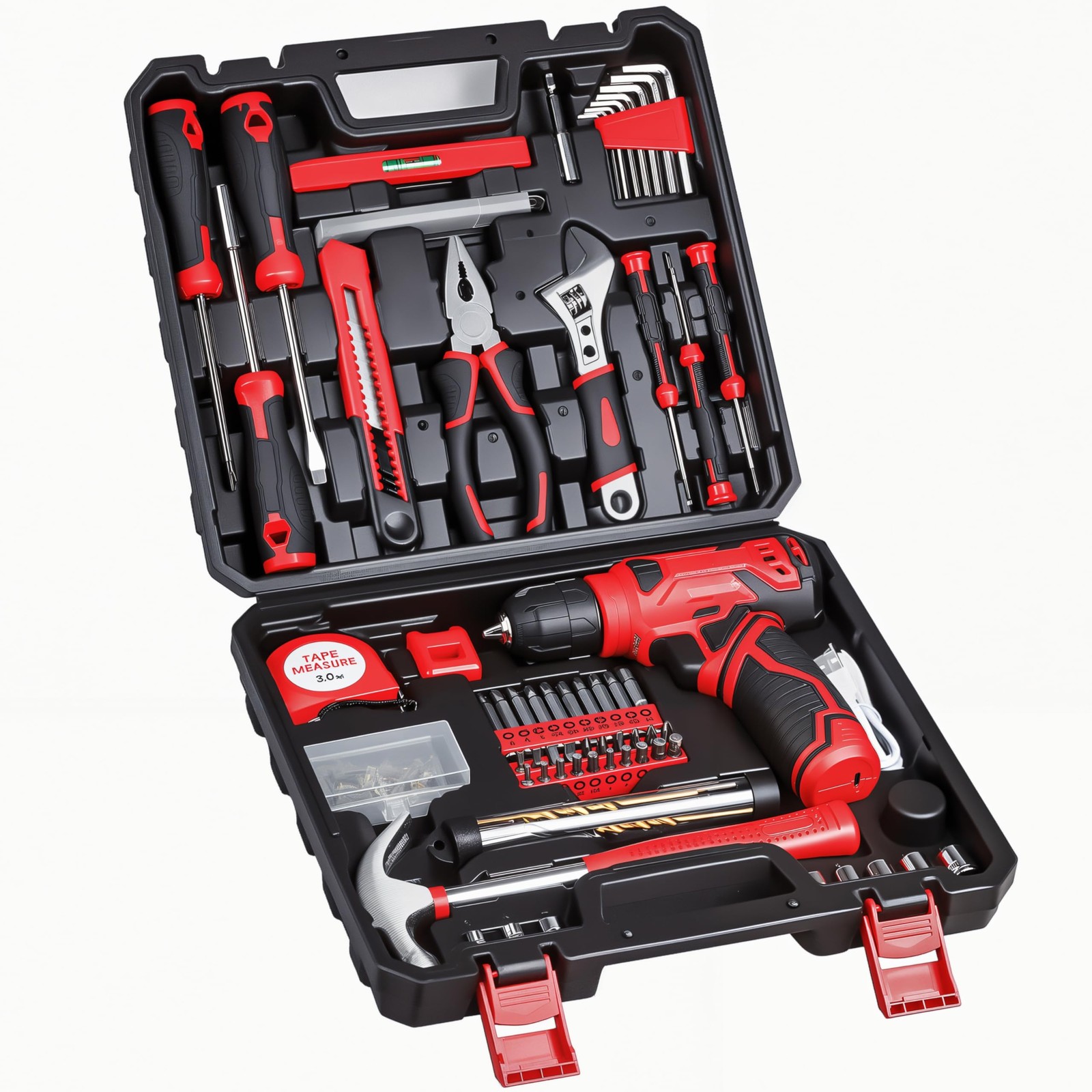 Tool Set - 8V Cordless Drill Set, 132 Piece Home With Hand Red 