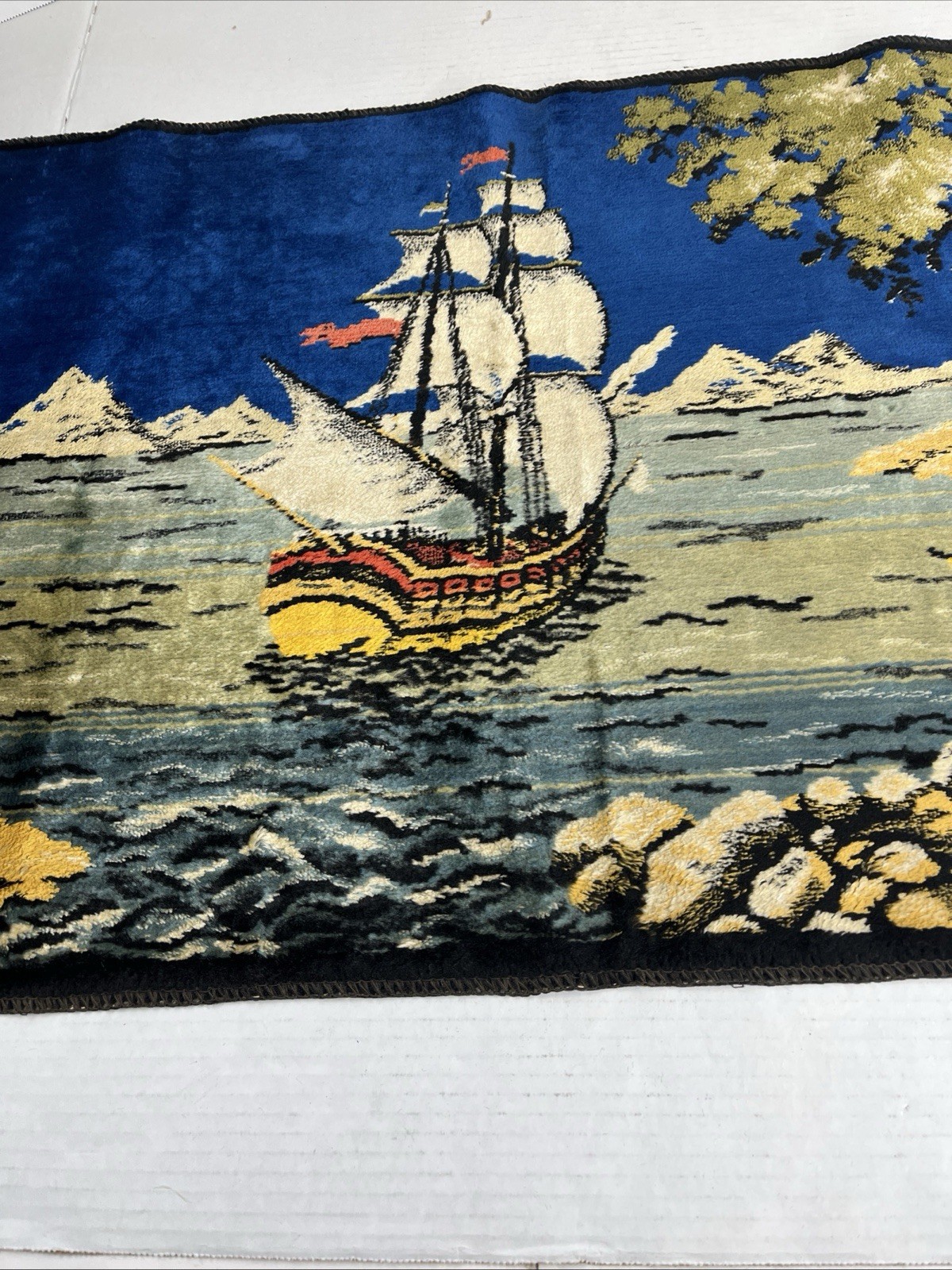 Vintage Velour Sailboat Wall Hanging Tapestry IBB