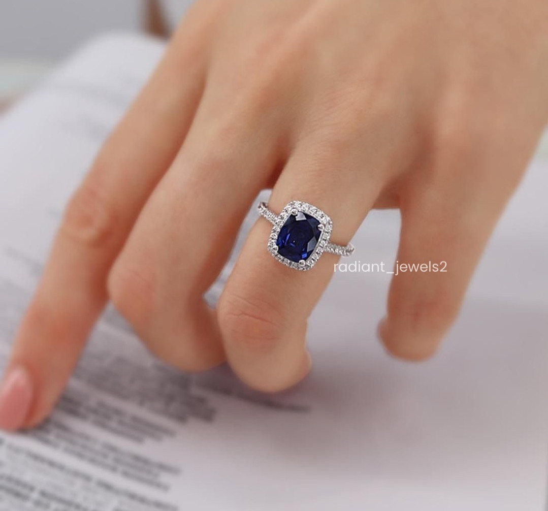 3.5Ct Elongated Cushion Cut Blue Sapphire Dainty Halo Wedding Ring 925 Silver