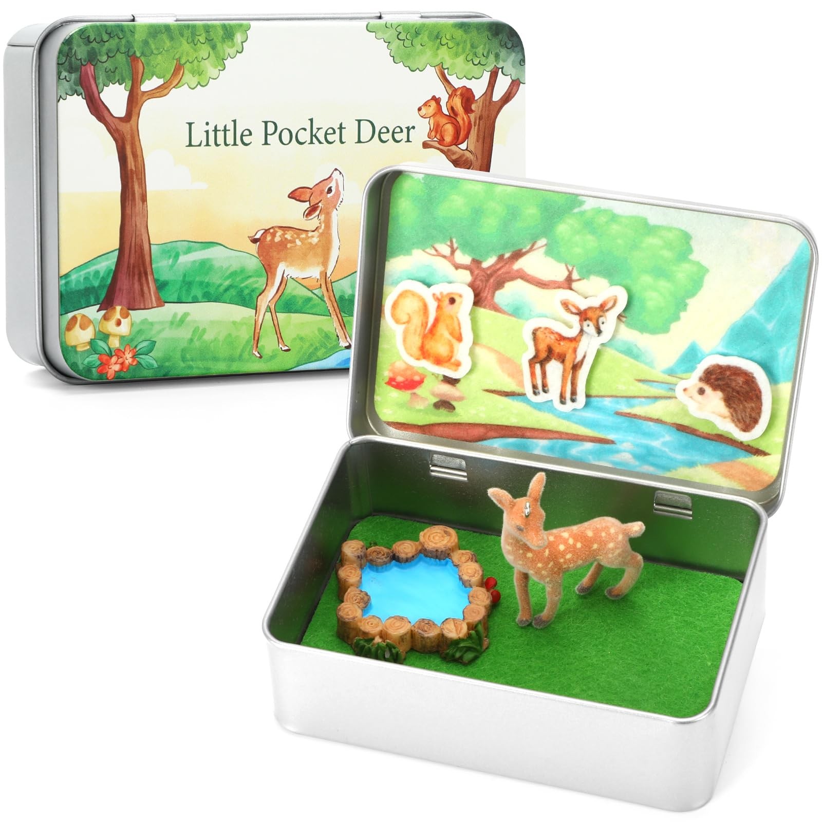 JULEASEL Little Pocket Deer, Mini Forest Scene in Tin 2.8 x 4.2 inches, Brown 
