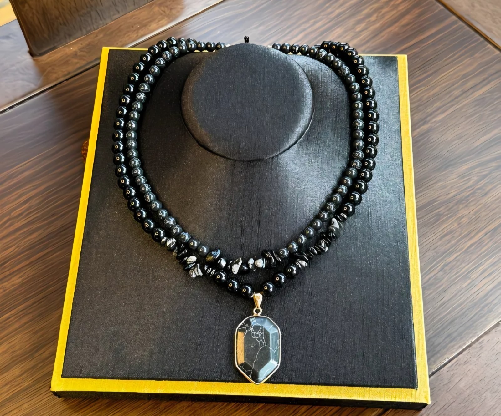 Black Onyx Agate Pendant Necklace Set Layered Beaded Statement Jewelry necklace
