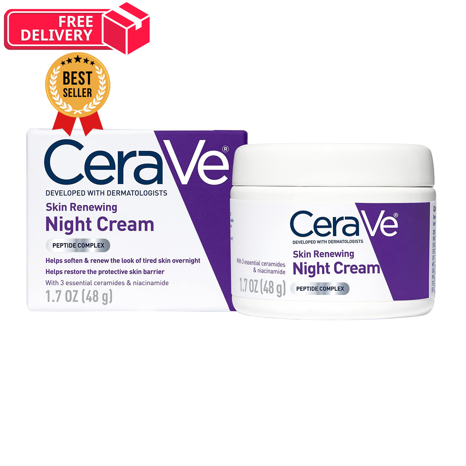 CeraVe Skin Renewing Night Cream, Niacinamide, 1.7 Ounce (Pack of 1), White 