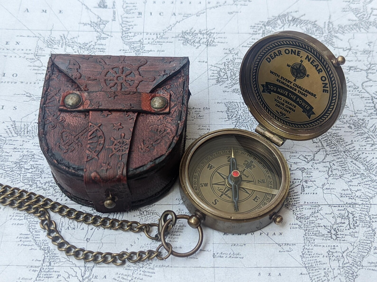 Personalized Brass Compass Locket | Vintage Style, Leather Case
