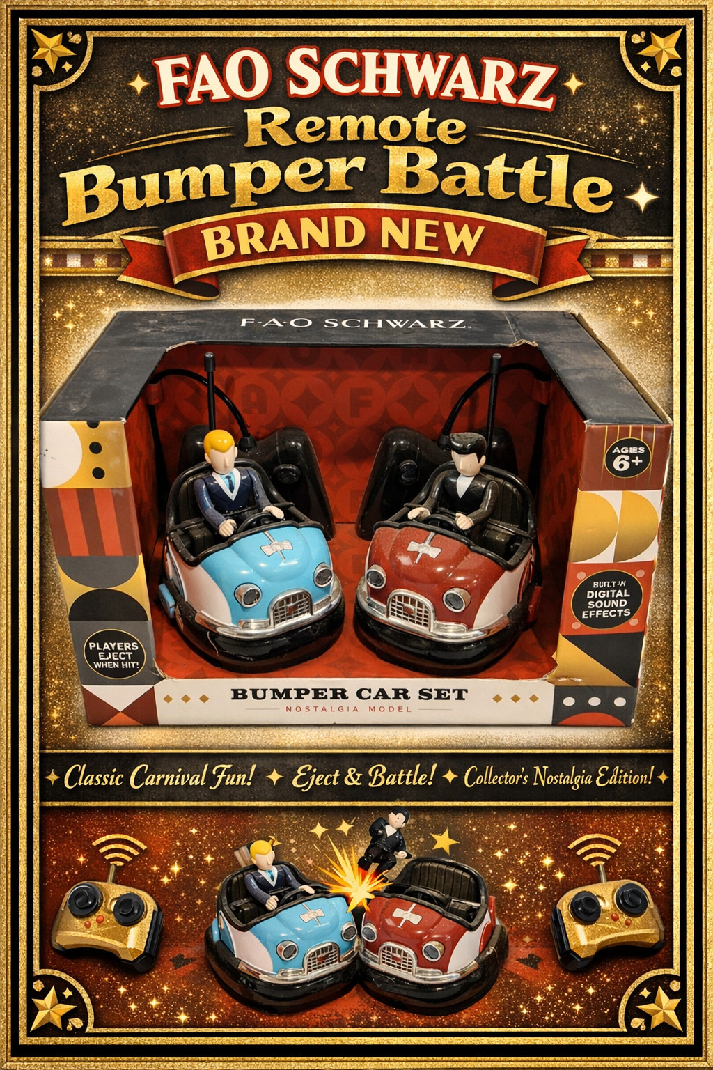 Bump, Spin & Win! FAO Schwarz Nostalgia Remote Control Bumper Car Battle Set NIB