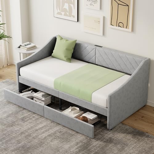 Twin Size Daybed with 2 Storage Drawers, Upholstered Daybed Frame with Grey