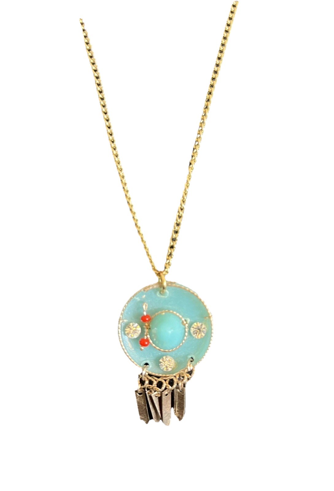 Southwestern Sombrero Hat Pendant Necklace Rhinestones On 24” Gold Toned Chain