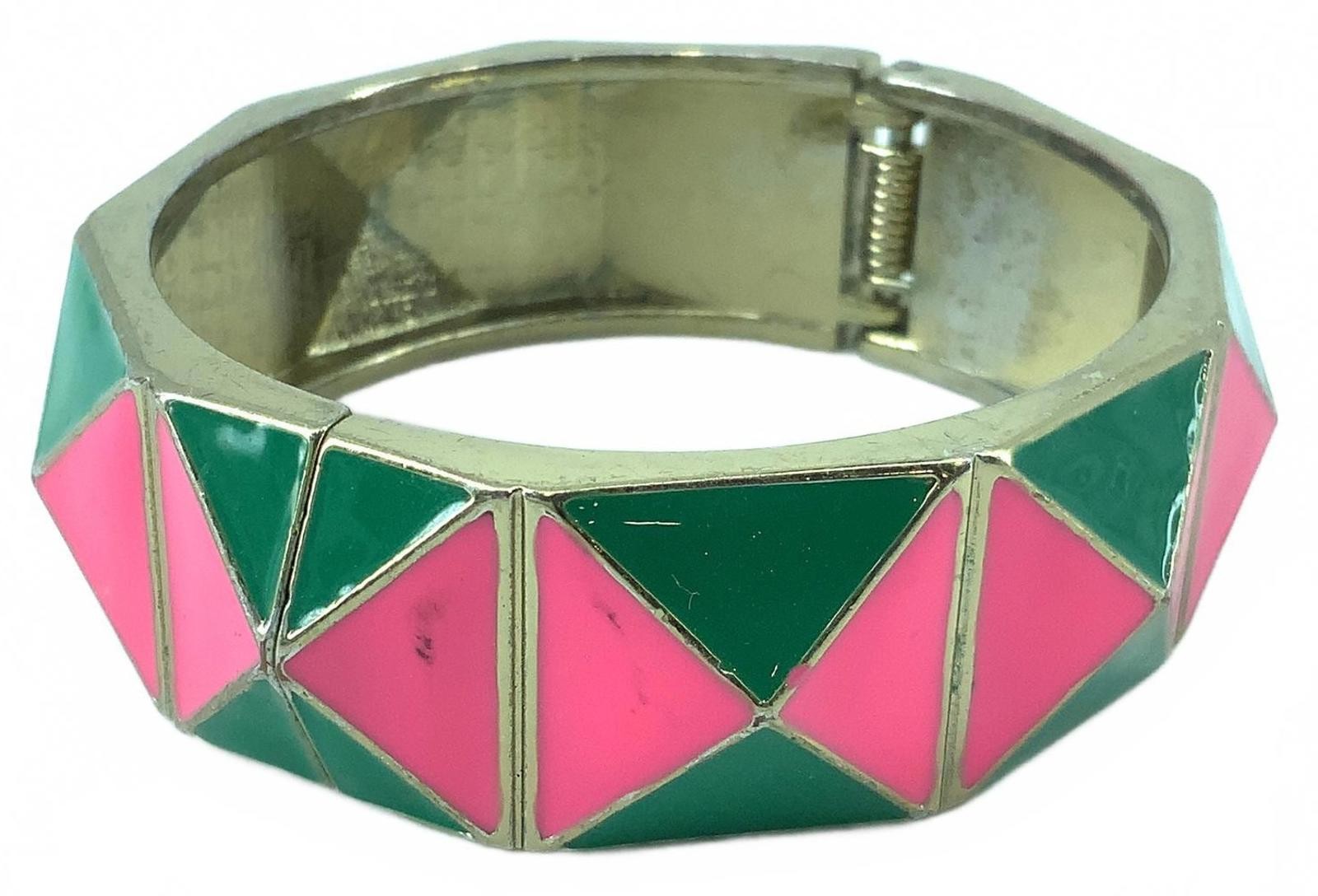 Vintage Enamel Geometric Art Deco Style Bangle Gold Tone Pink Green Bracelet