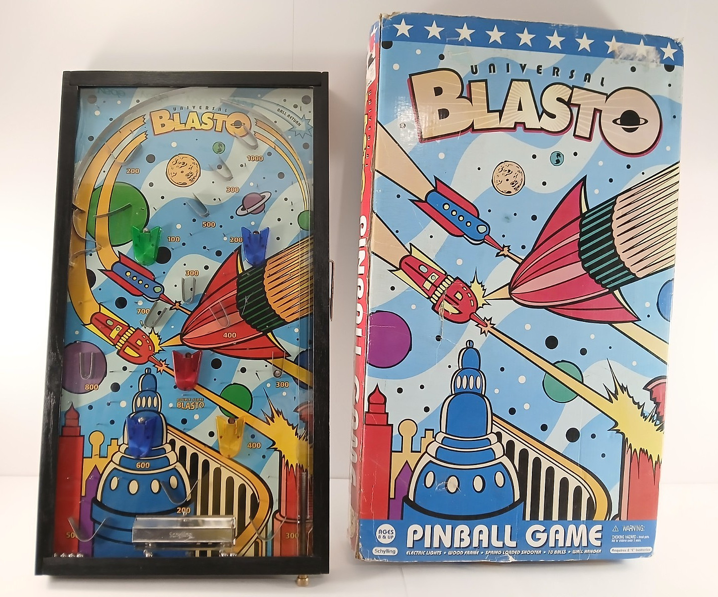 2004 Schylling UNIVERSAL BLASTO Wood Frame & Lights Rocketship Pinball Game READ