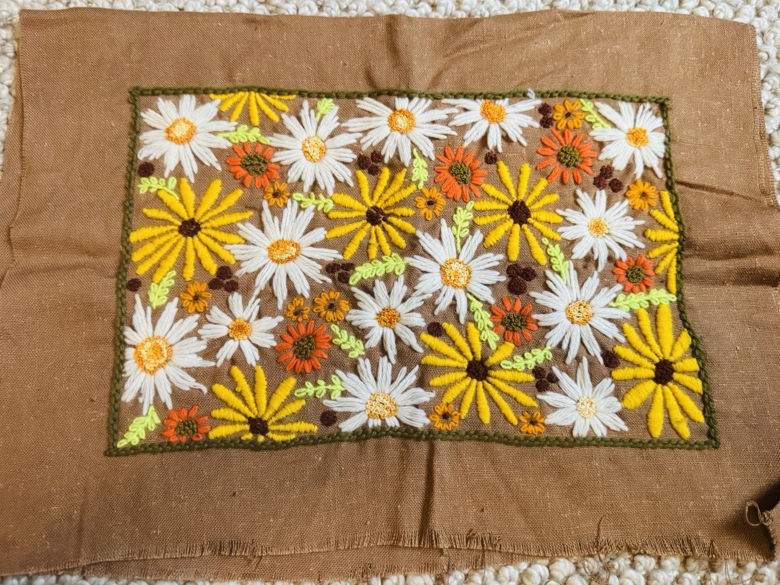 Vintage 1970’s Embroidered Daisy Tapestry Textile On Burlap MCM