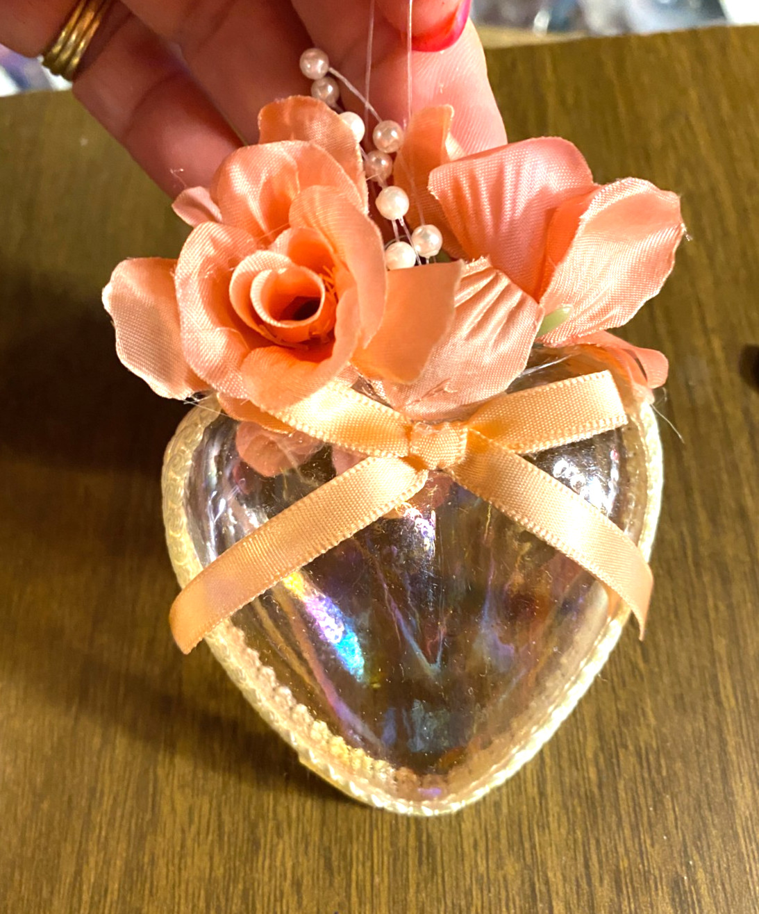 Iridescent Plastic Heart Peach Decorated Christmas Ornament 3 1/2"