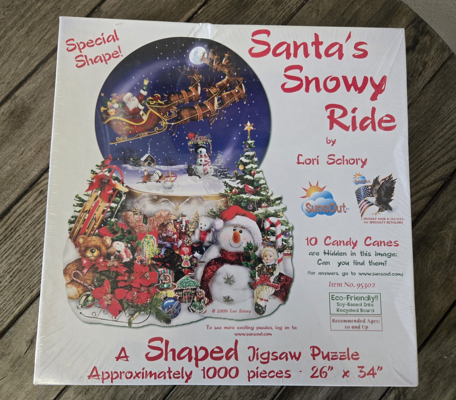 Santa's Snowy Ride Shaped Jigsaw Puzzle Lori Schory Sunsout 1000 Pieces 26" x 34