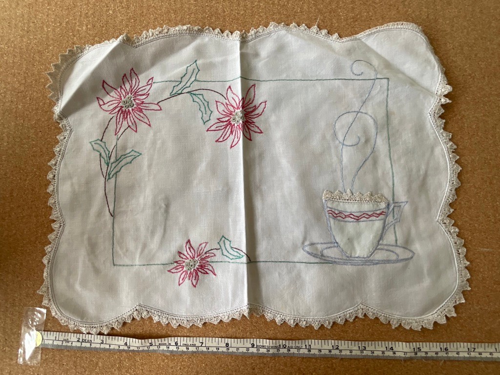 Vintage Handmade  Embroidered Doily cottage core - 42 x 30 cm