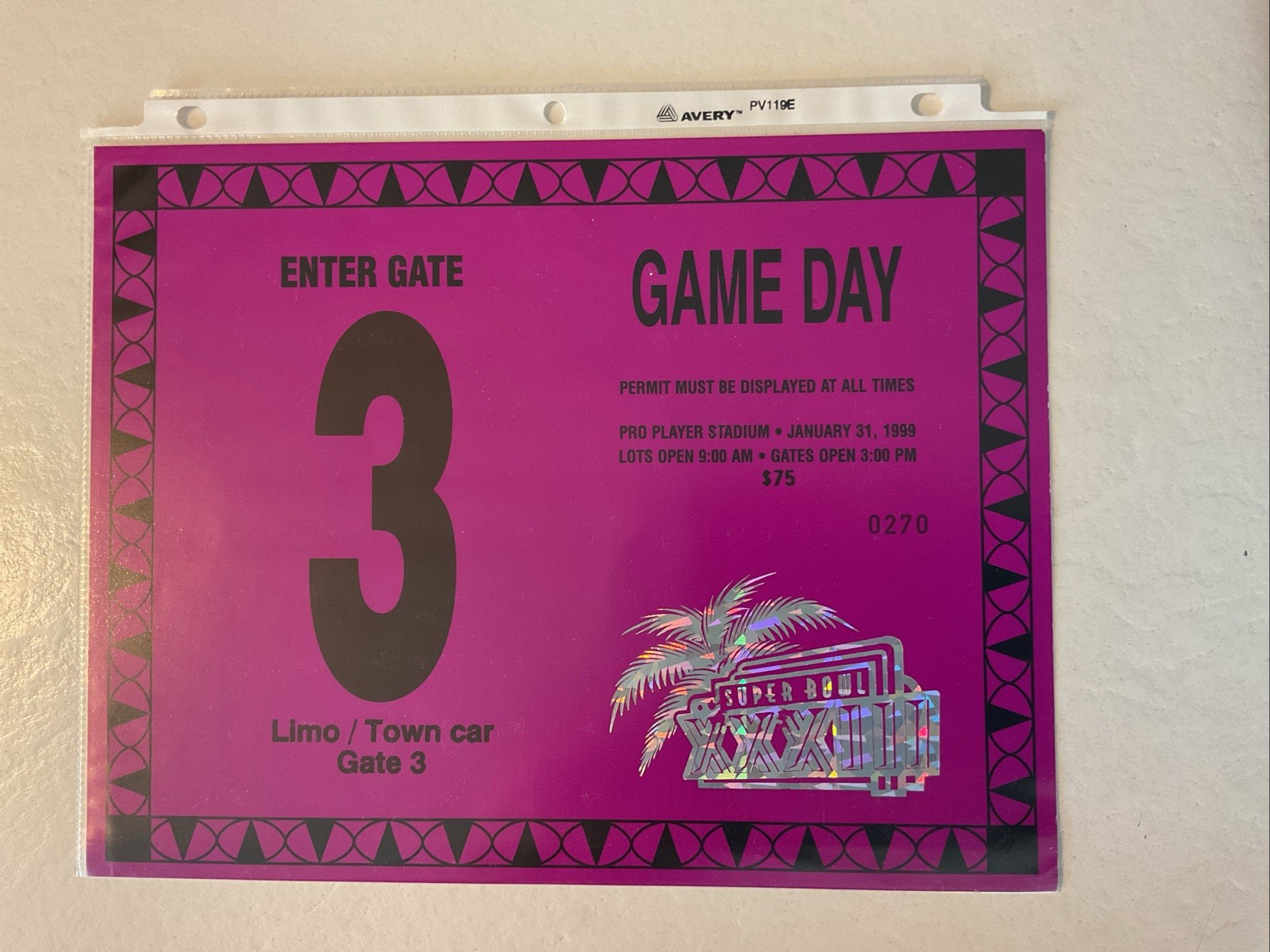 1999 Super Bowl 33 Parking Pass, Vintage 