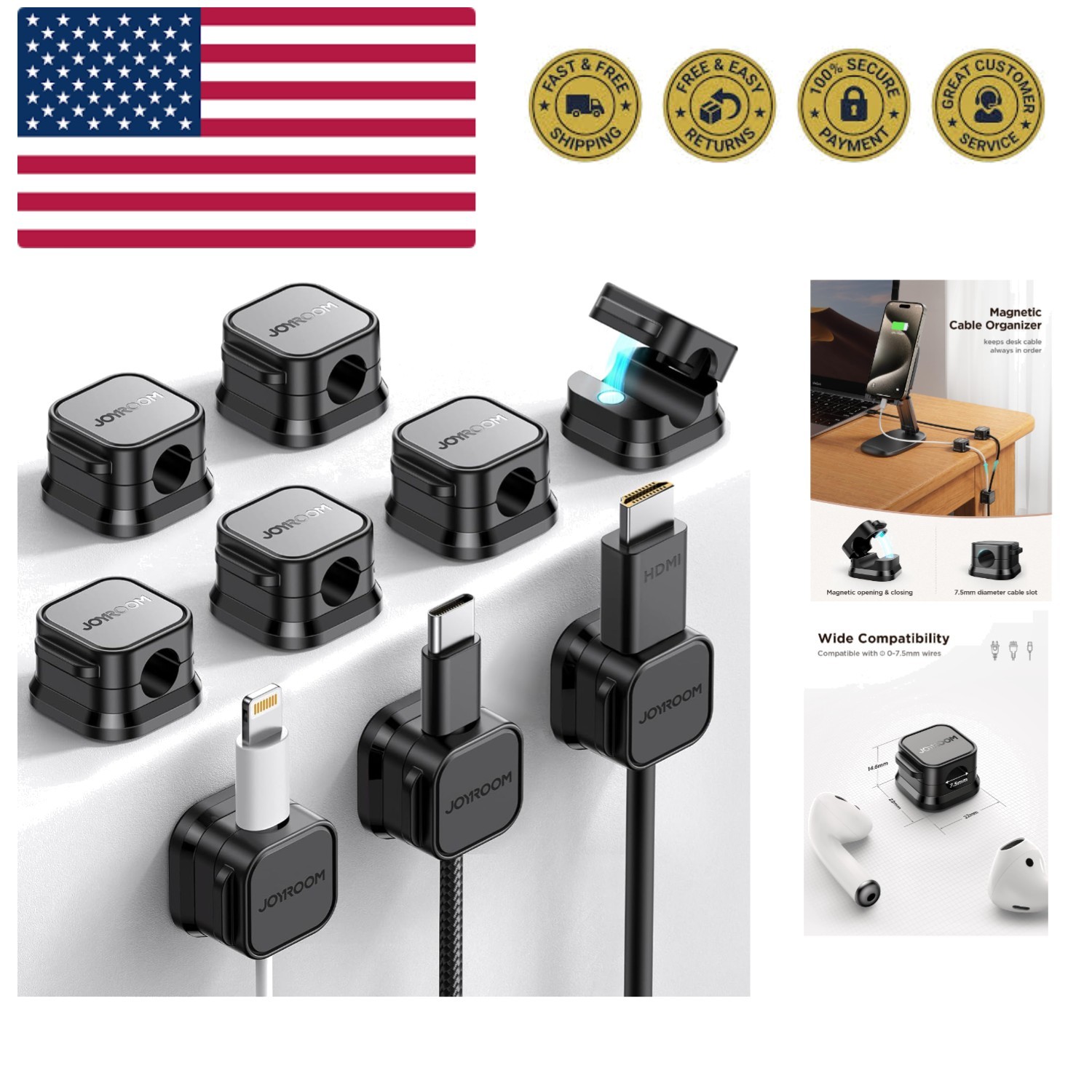 9 Pack Magnetic Cable Clips [Cable Smooth Adjustable] Cord Holder, Under Desk...