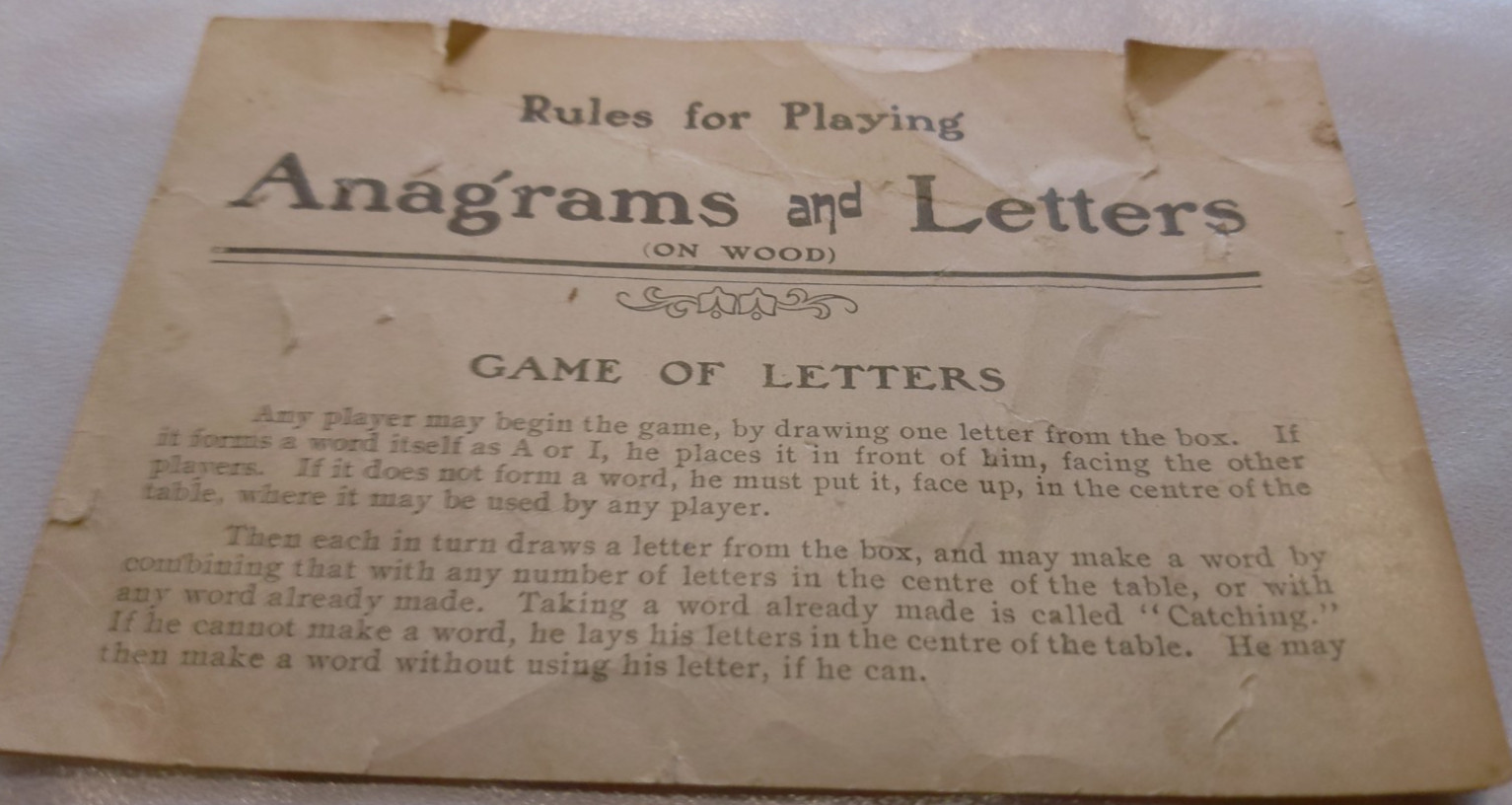 EARLY 1900'S VINTAGE INSTRUCTIONS FOR PARKER BROTHERS' ANAGRAMS & LETTERS GAME