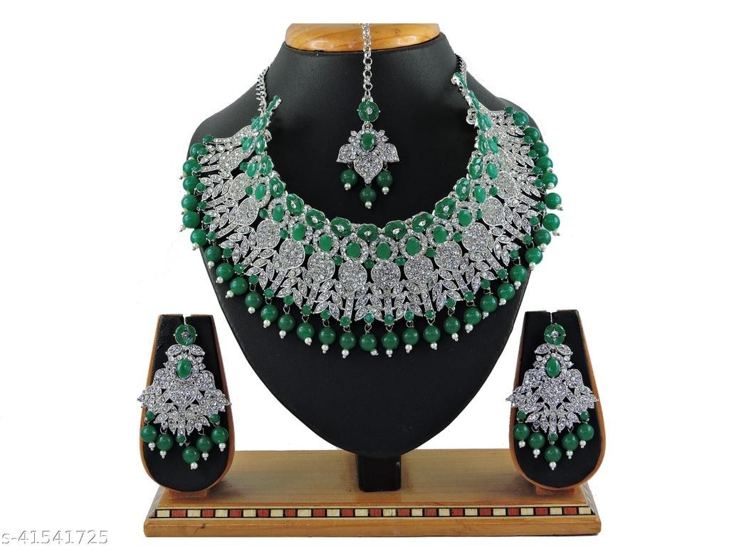 Indian Silver Plated Green Kundan Choker Necklace Wedding Party Jewelry Set A72