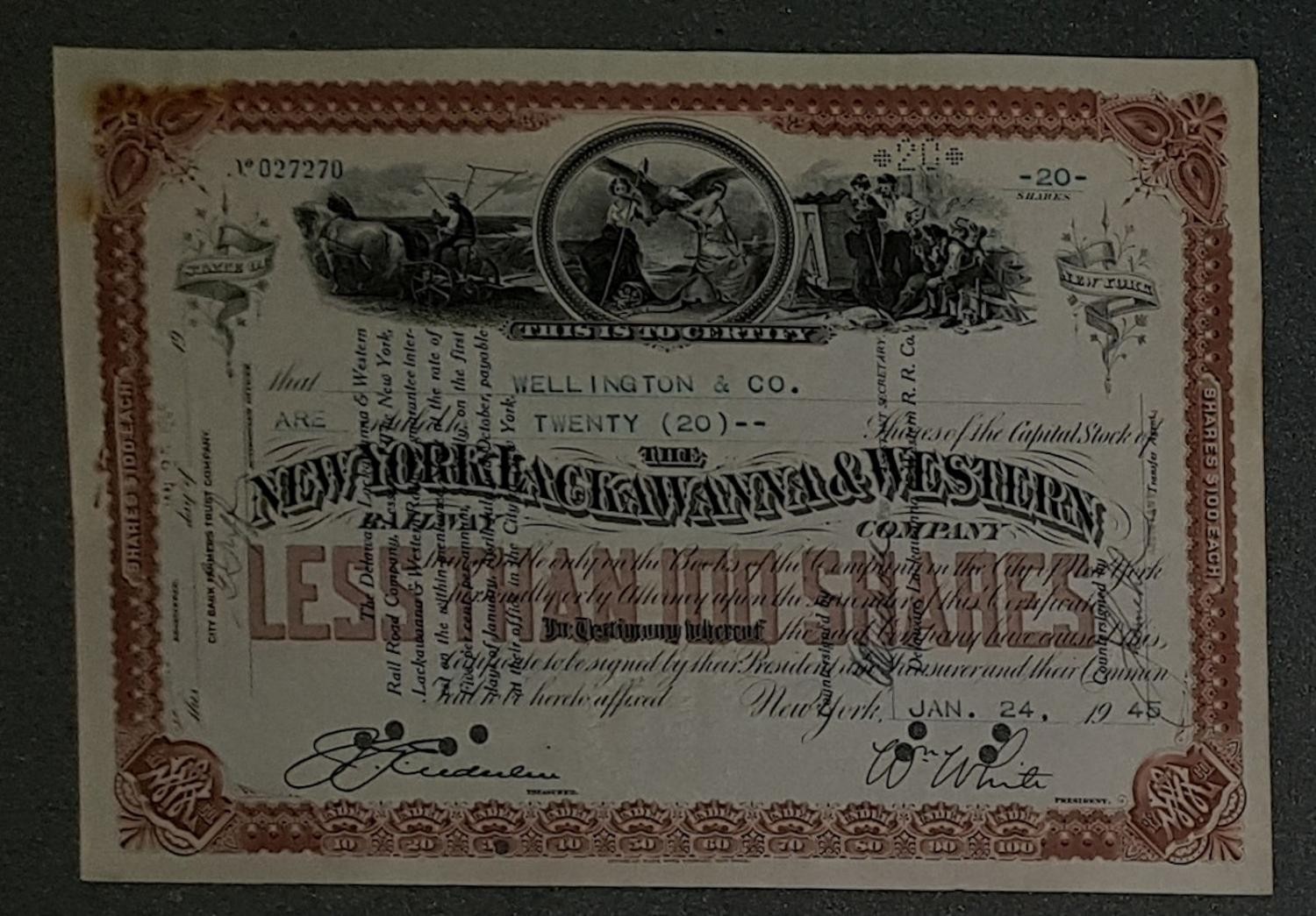 The New York Lackawanna & Western Railway Company 1945 20 Shares