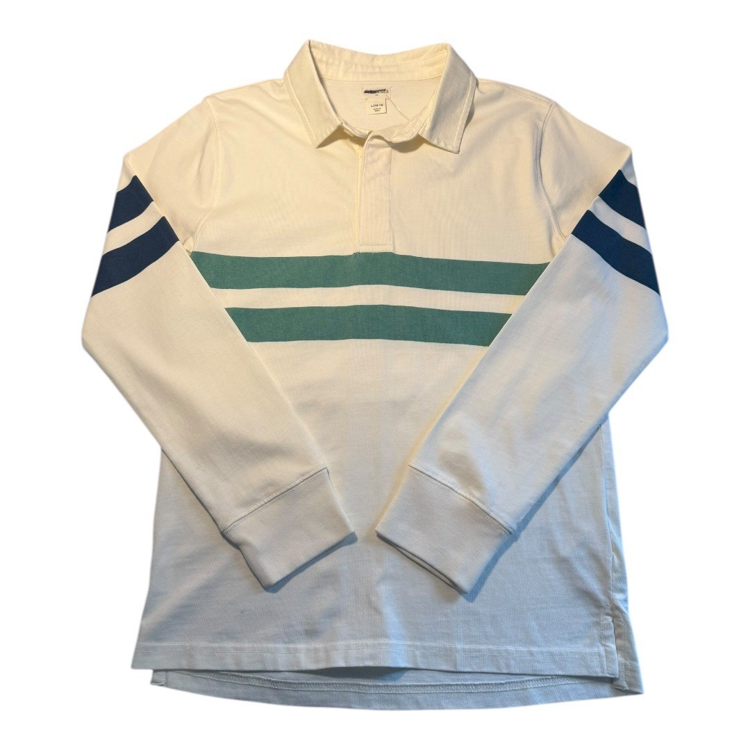 Crewcuts by J.Crew Kids Large 10-11 Cream Green Blue Stripe Rugby Polo Shirt NWT