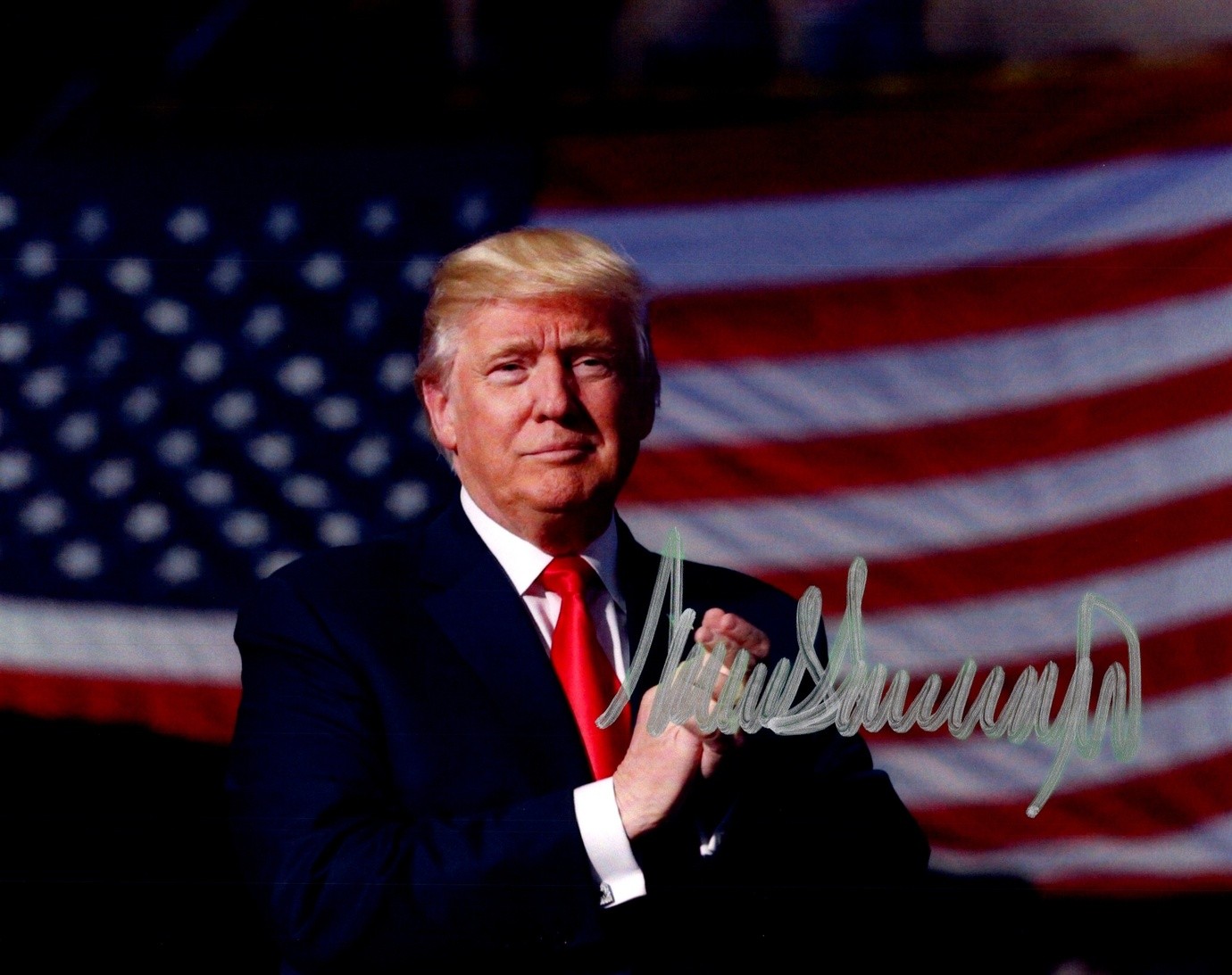 Donald Trump Suit American Flag Pose Signed Autographed Photo Authentic 8X10 COA