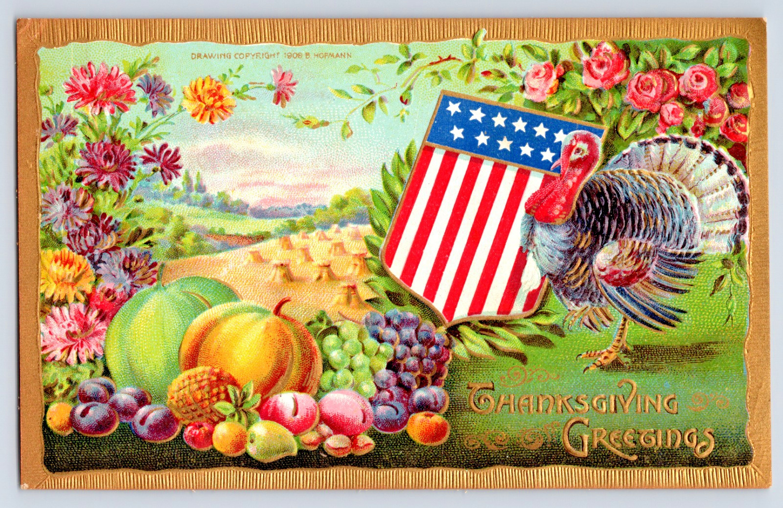 Thanksgiving Greetings Turkey Red White & Blue Flag Patriotic c1909 Postcard