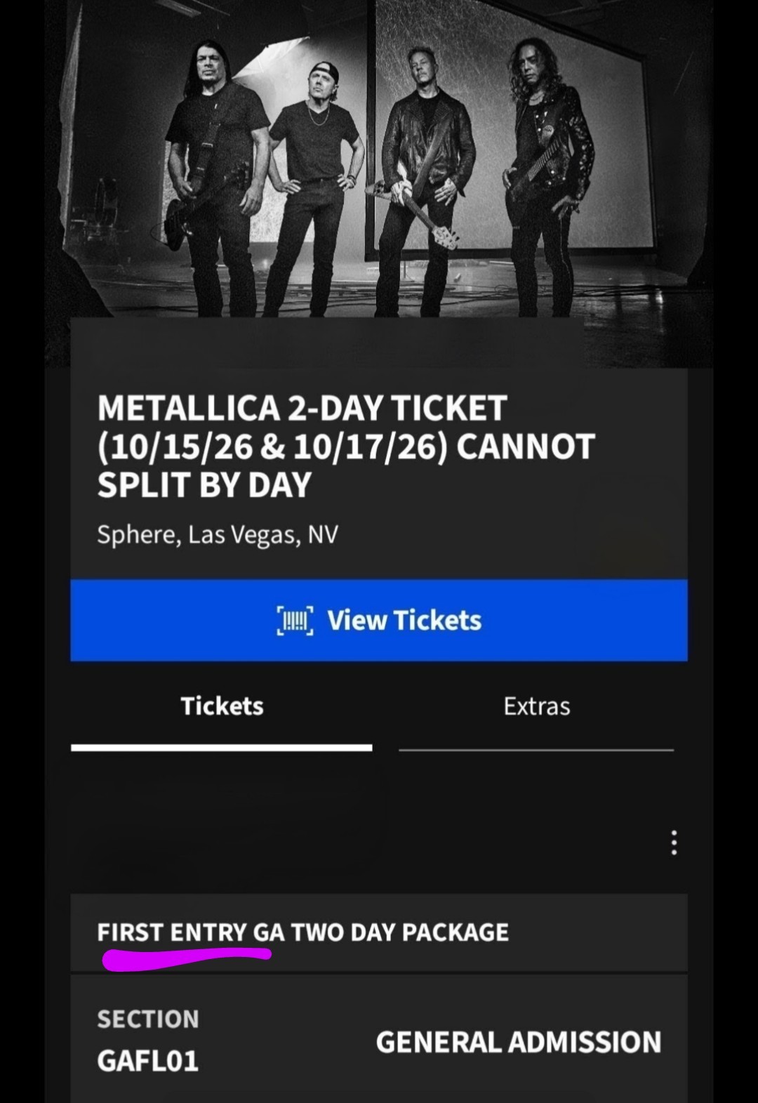 METALLICA TICKET SPHERE LAS VEGAS GA FLOOR WITH EARLY ENTRY 10/15/26 10/17/26