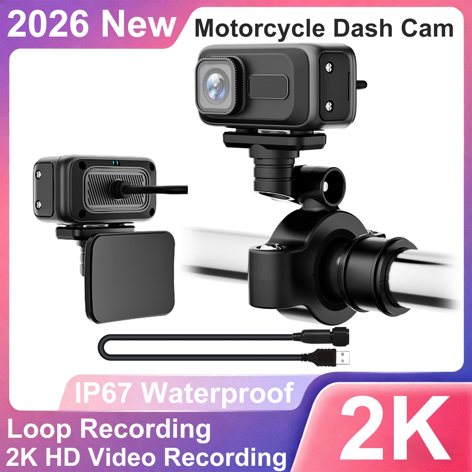 Motorcycle Dash Cam 2K HD 140°Wide Angle WiFi APP 64G Card 3 Brackets Waterproof