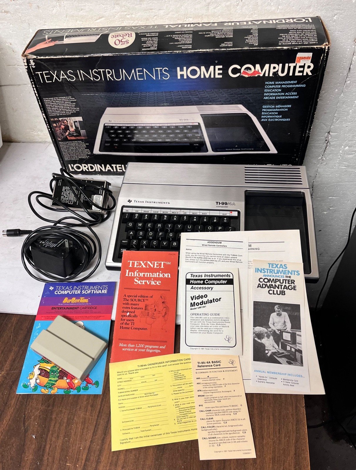 1981 Texas Instruments TI-99/4A Home Computer Power Supply w/Box Paperwork +more