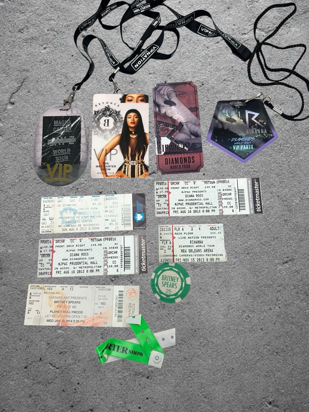 Beyoncé, Rhianna, Brittany Spears & Diana Ross Tickets/Lanyards Lot