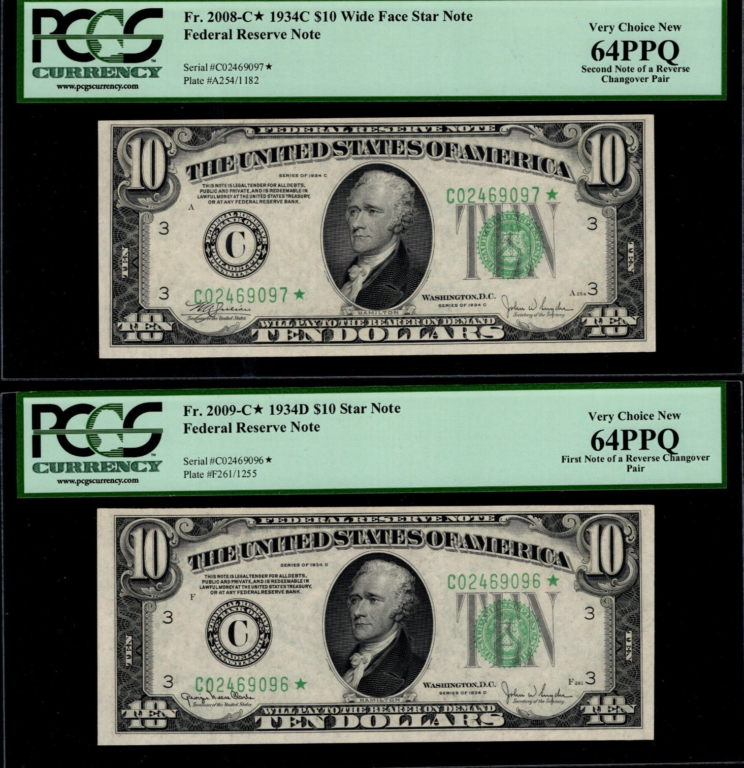 Ten Dollar Star Note Reverse Changeover Pair PCGS 64 PPQ FR 2009C