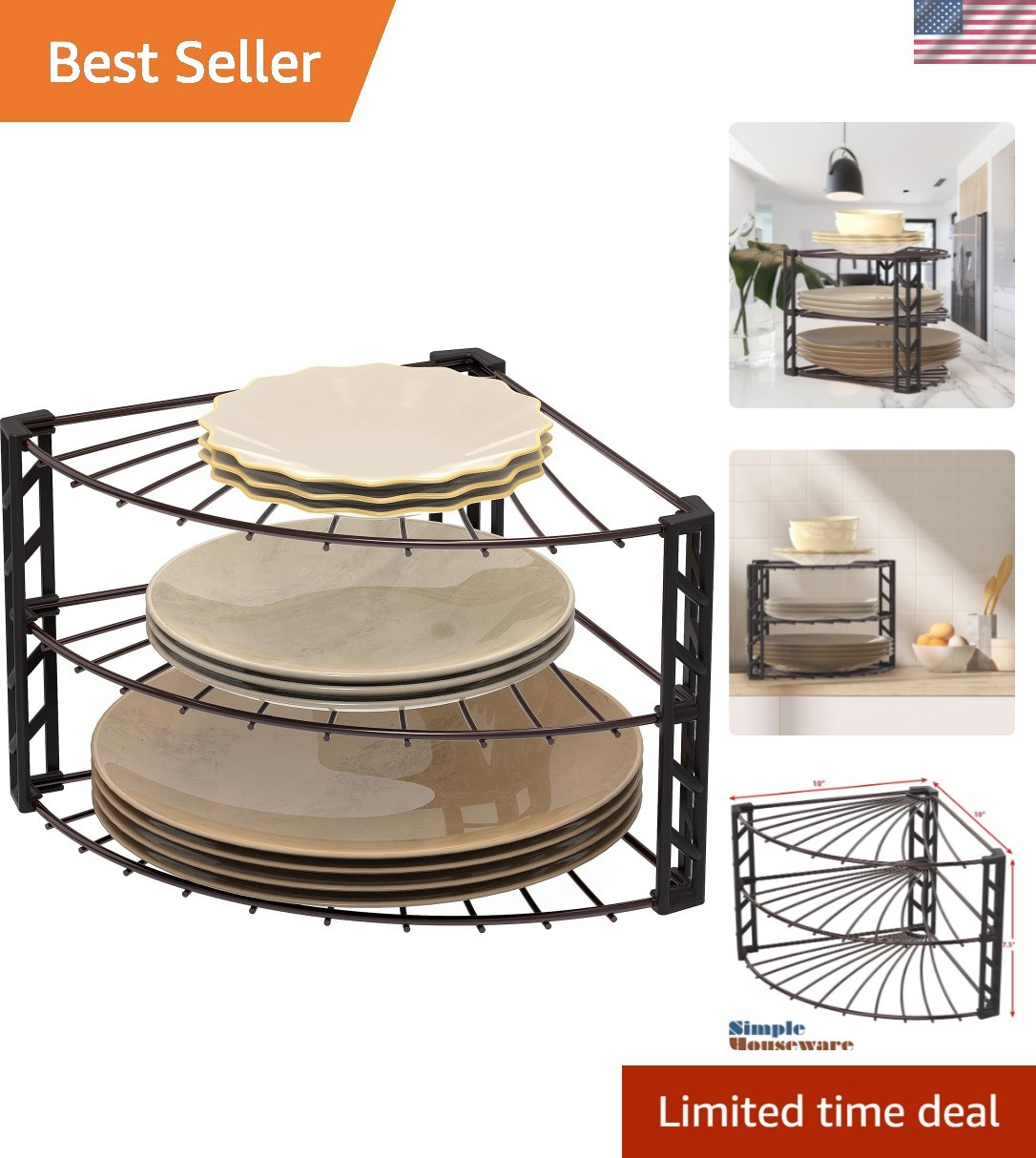 3-Tier Counter Corner Shelf Organizer, Bronze