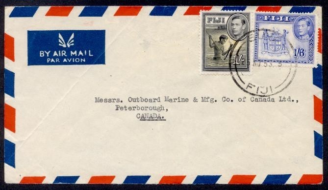 FIJI KGVI 1' AND 1'6p AIR 1953 TO CANADA