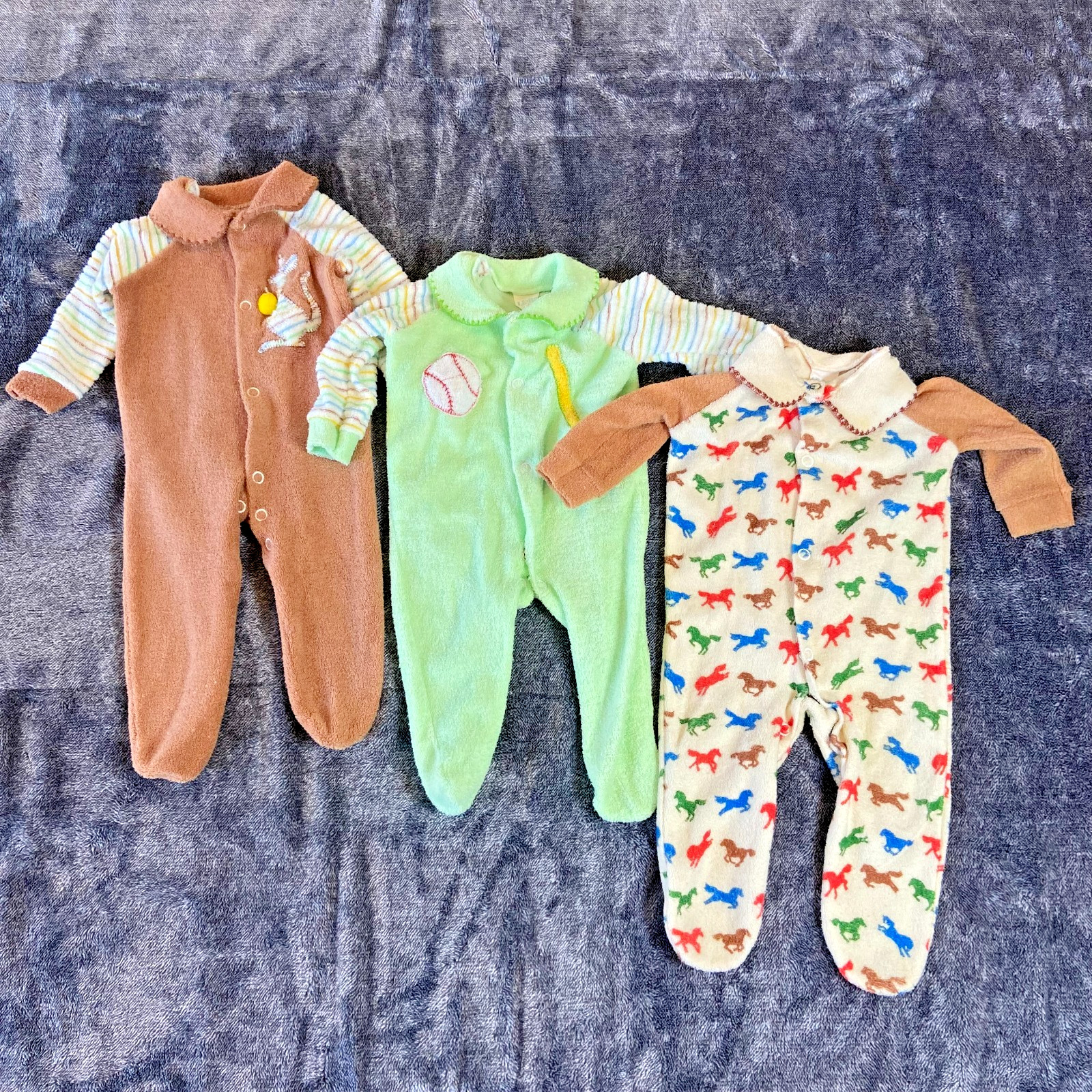 Lot of 3 VTG Le Roy Terry Cloth Footed Boys 0-3 mo Baby One Piece Sleeper USA