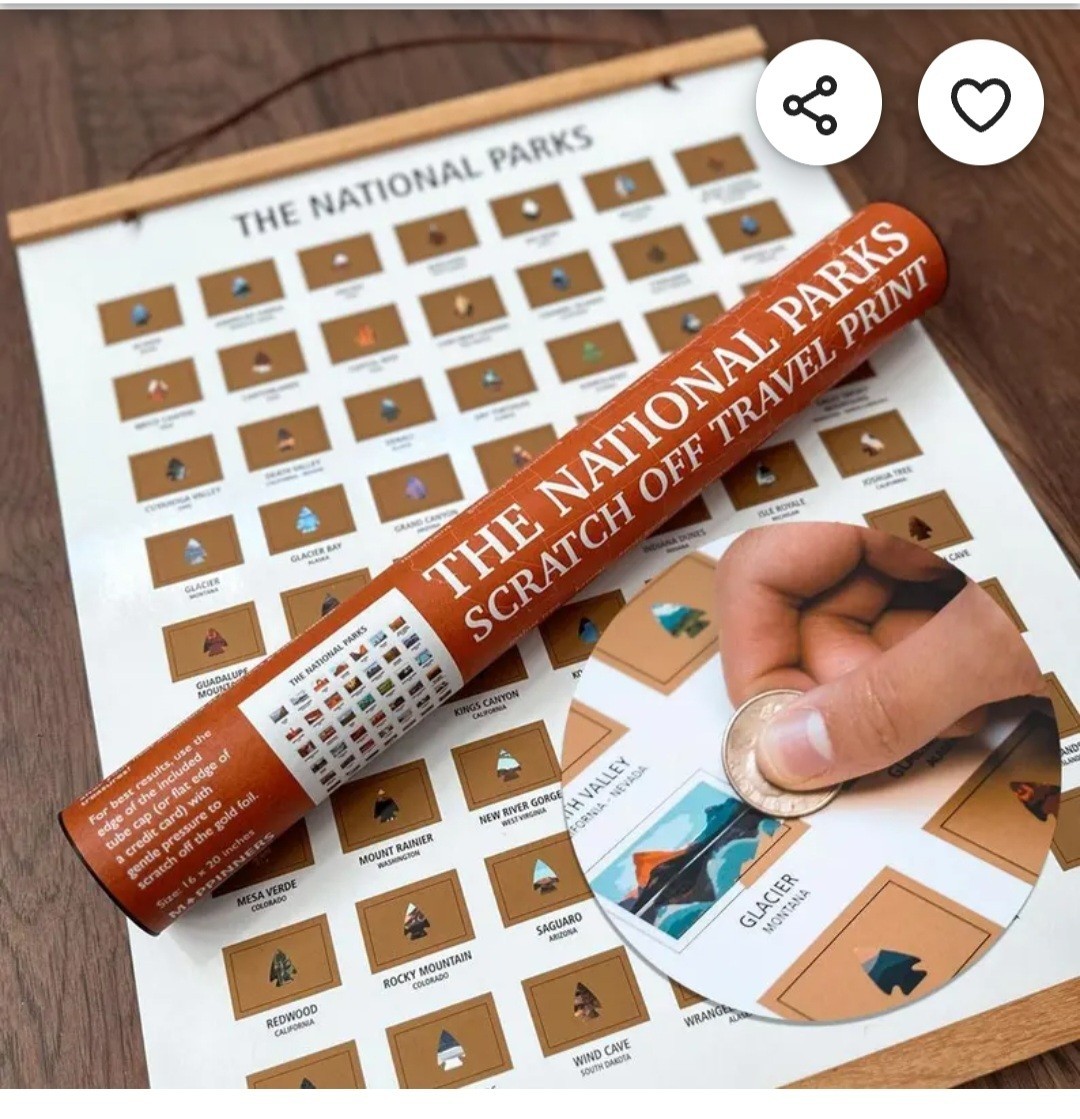 63 National Parks Scratch Off Travel Print with Wall Hanger by Mappinners 16x20"