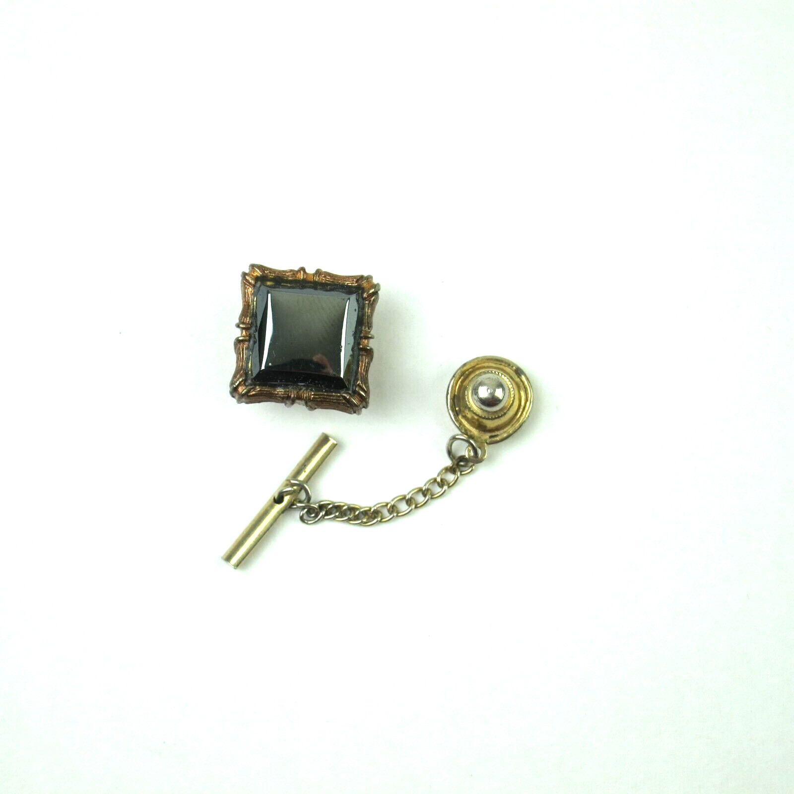 Vintage Tie Tack Lapel Pin Square Black Copper Frame Gold Tone Chain Tie Bar