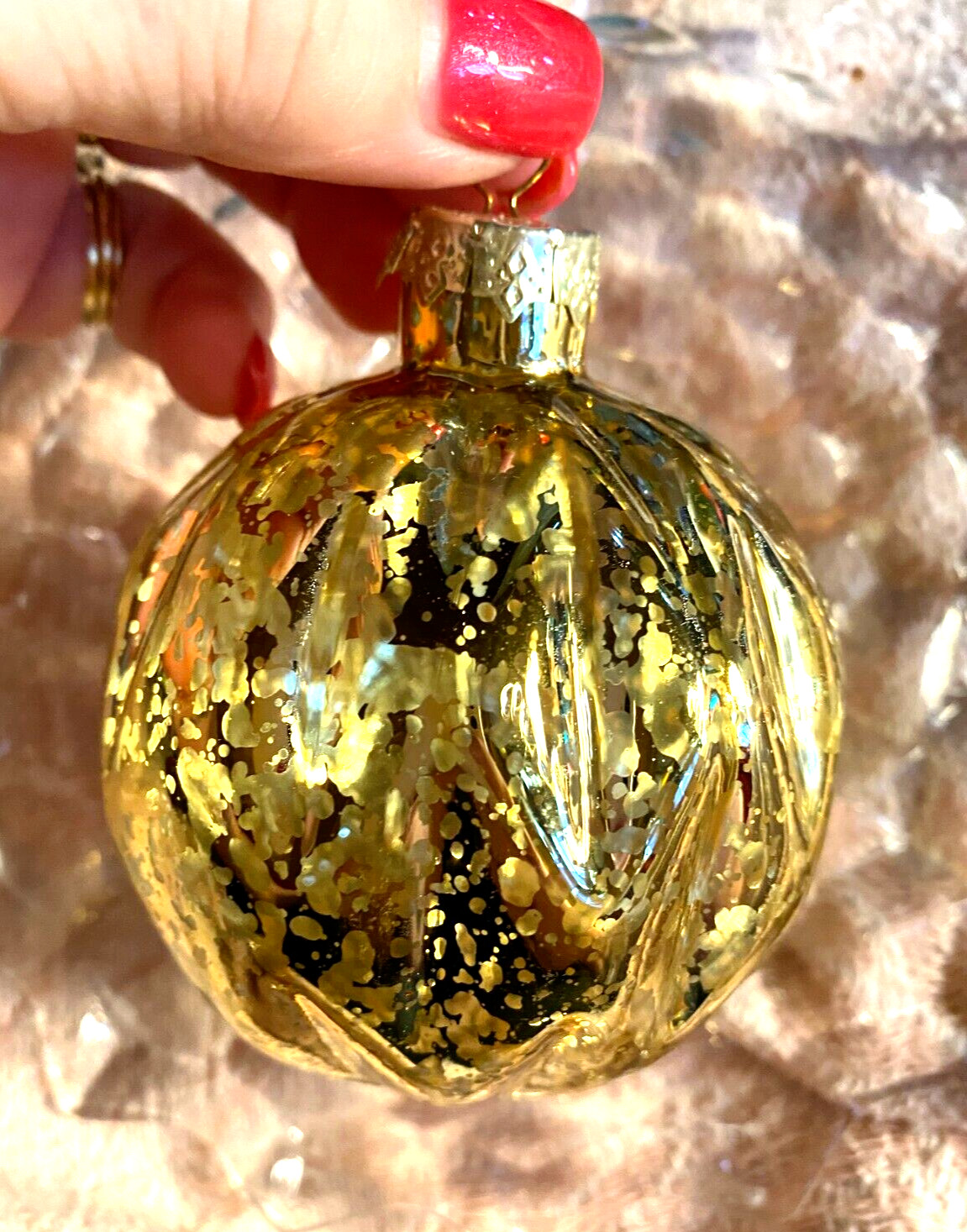 Gold Blown Glass Diamond Indent Flecked Ball Christmas Ornament 3"