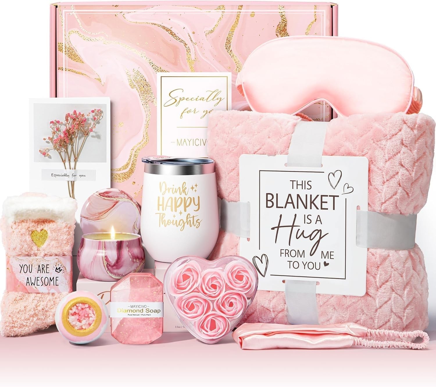 Luxury Self-Care Essentials Basket: Plush Blanket, Candle, Silk Set & Pink 