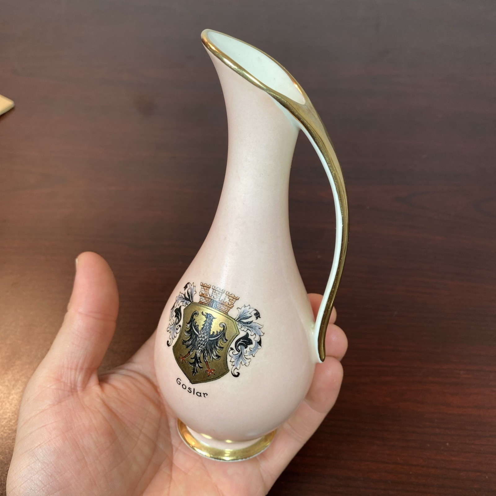 Vtg PINK Goslar PWB Bavaria Germany Eagle Shield Crest Coat of Arms Pitcher Vase