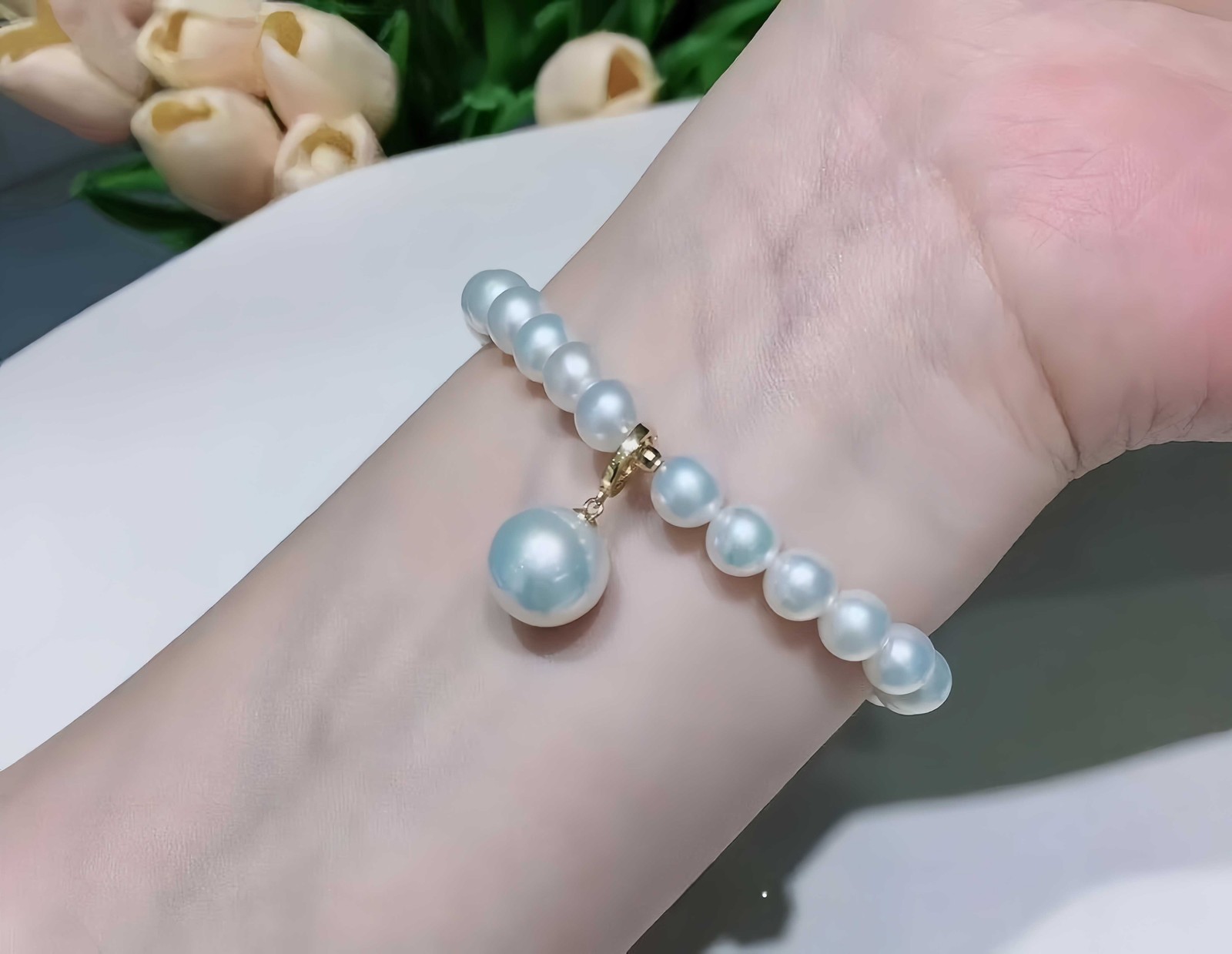 1PC 5-6mm Bracelet & 10-11mm Pendant Freshwater Pearl Set Round Aurora 