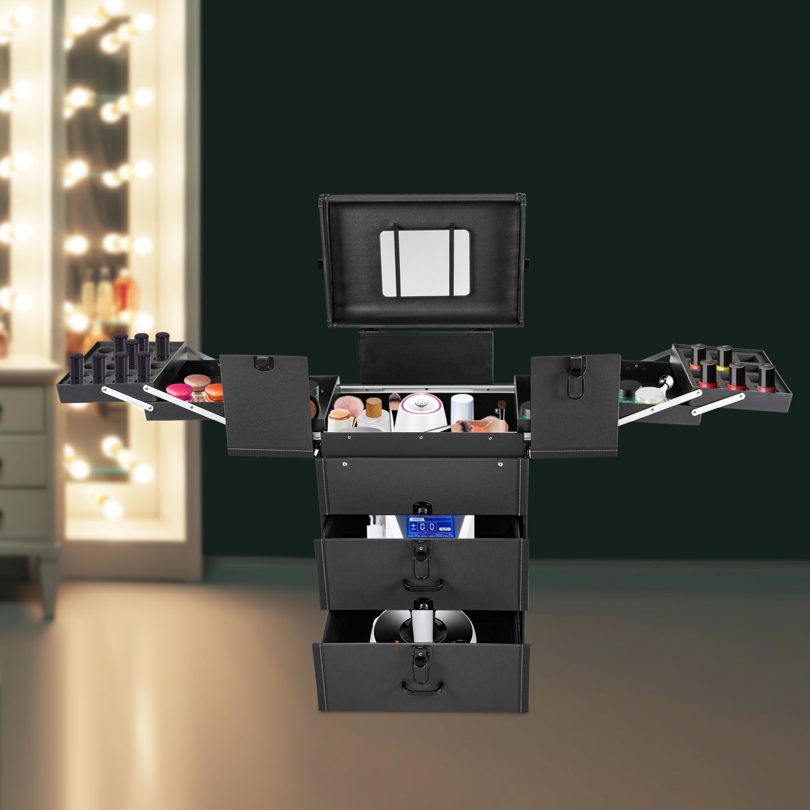 Rolling Makeup Case Rectangular Cosmetic Organizer Trolley Case Lockable Box