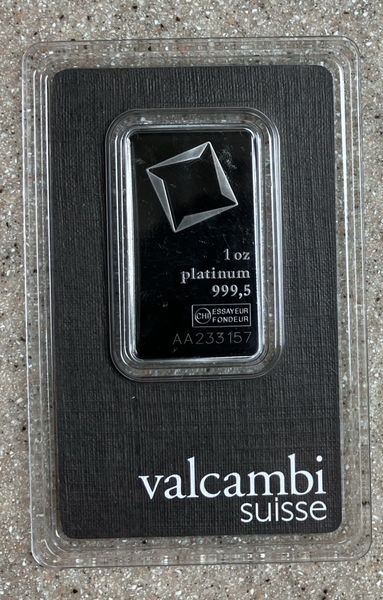 1 oz Platinum Valcambi Bar with Assay Card